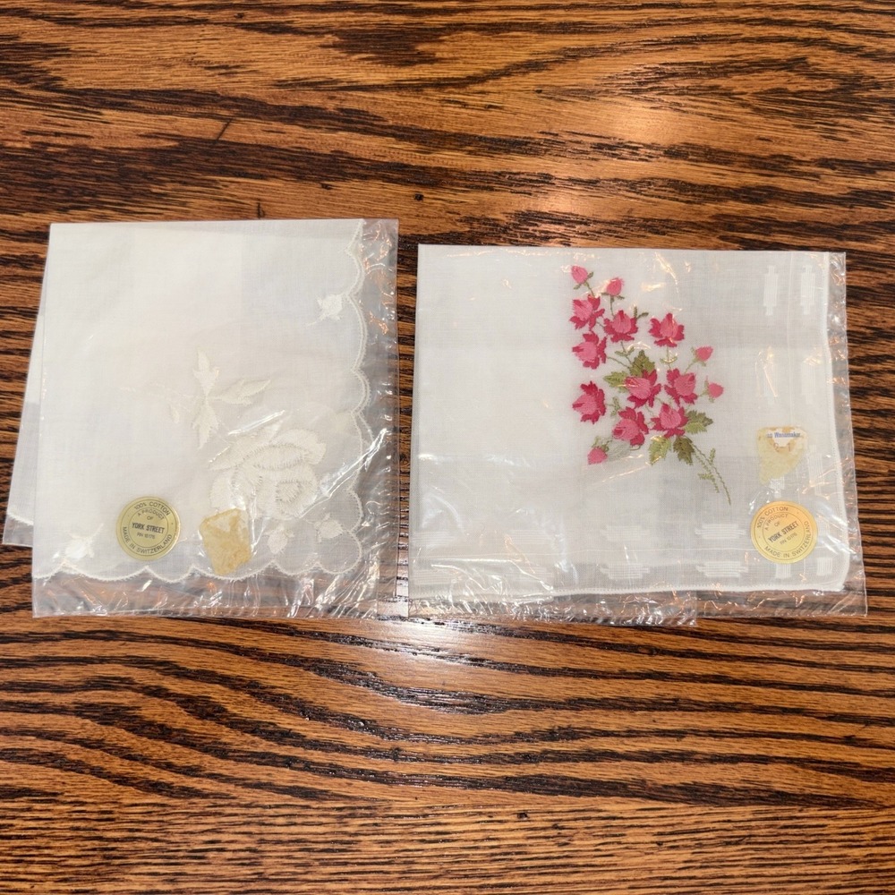 York Street Made In Switzerland 100% Cotton New Vintage Stock NOS Handkerchiefs